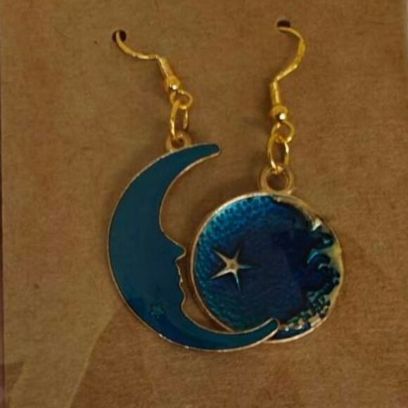 Blue And Gold Moon Celestial Gold Dangle Earrings - Picture 1 of 1